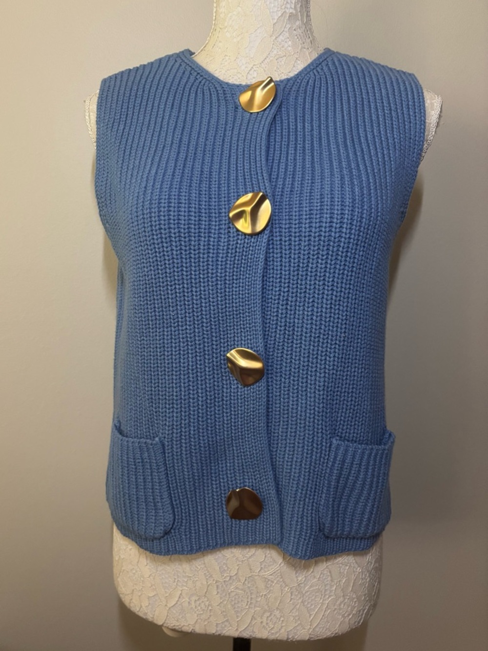 Sleeveless Ribbed Knit Cardigan Vest in Soft Blue with Gold Buttons